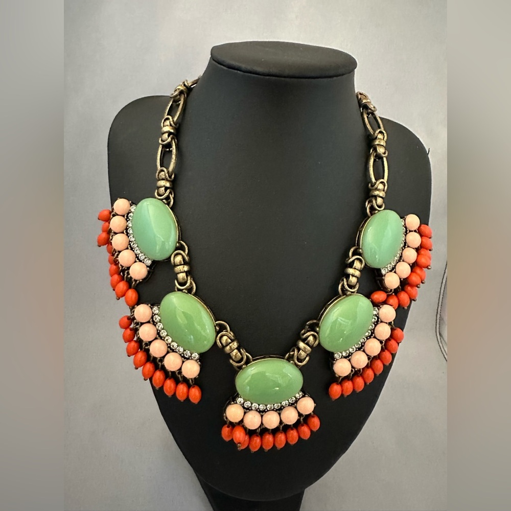J. Crew Fan Fringe statement necklace in sunwashed aqua and coral colored beads